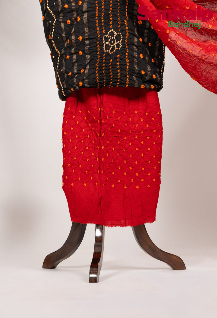 Black Bandhani Cotton Satin Suit Material with Red Dupatta