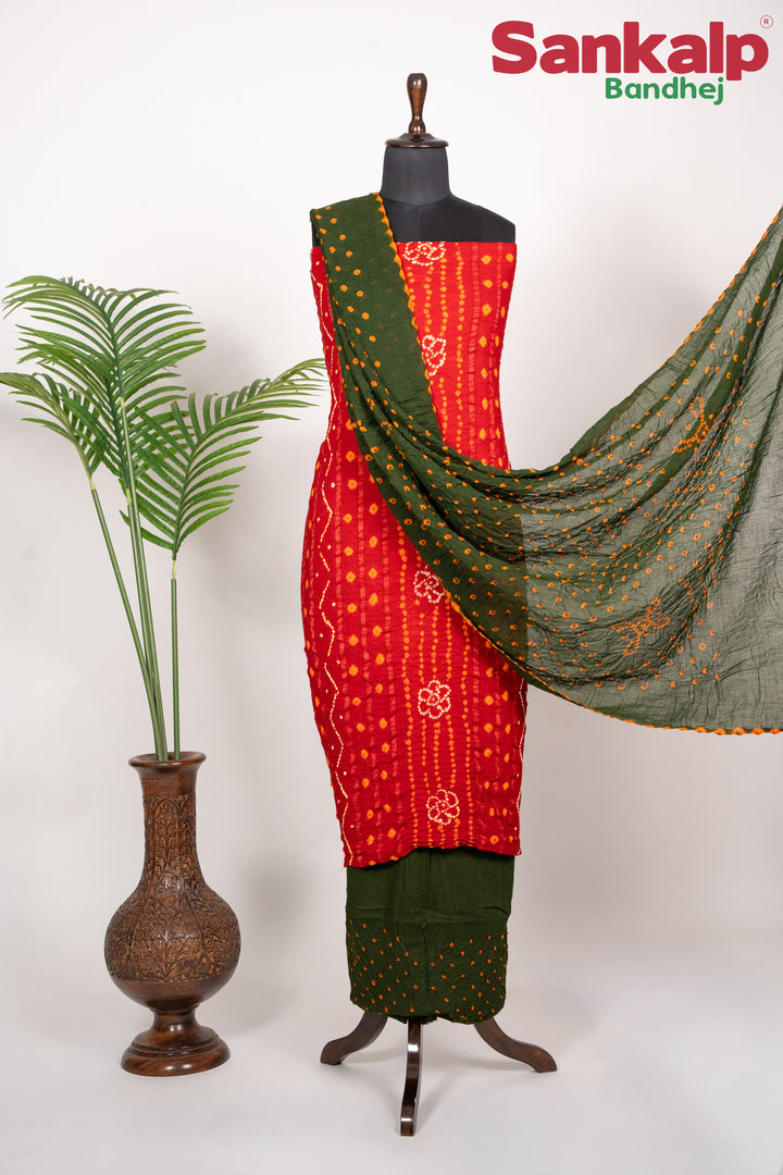 Red  Bandhani Cotton Satin Suit Material with Mehendi Green Dupatta