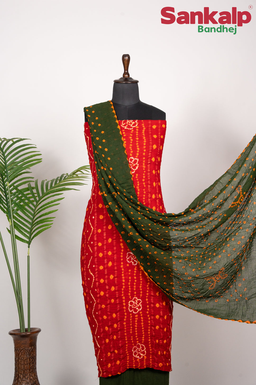 Red  Bandhani Cotton Satin Suit Material with Mehendi Green Dupatta