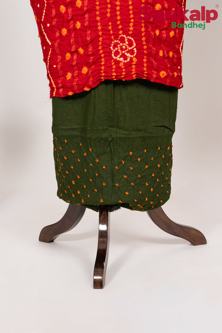 Red  Bandhani Cotton Satin Suit Material with Mehendi Green Dupatta