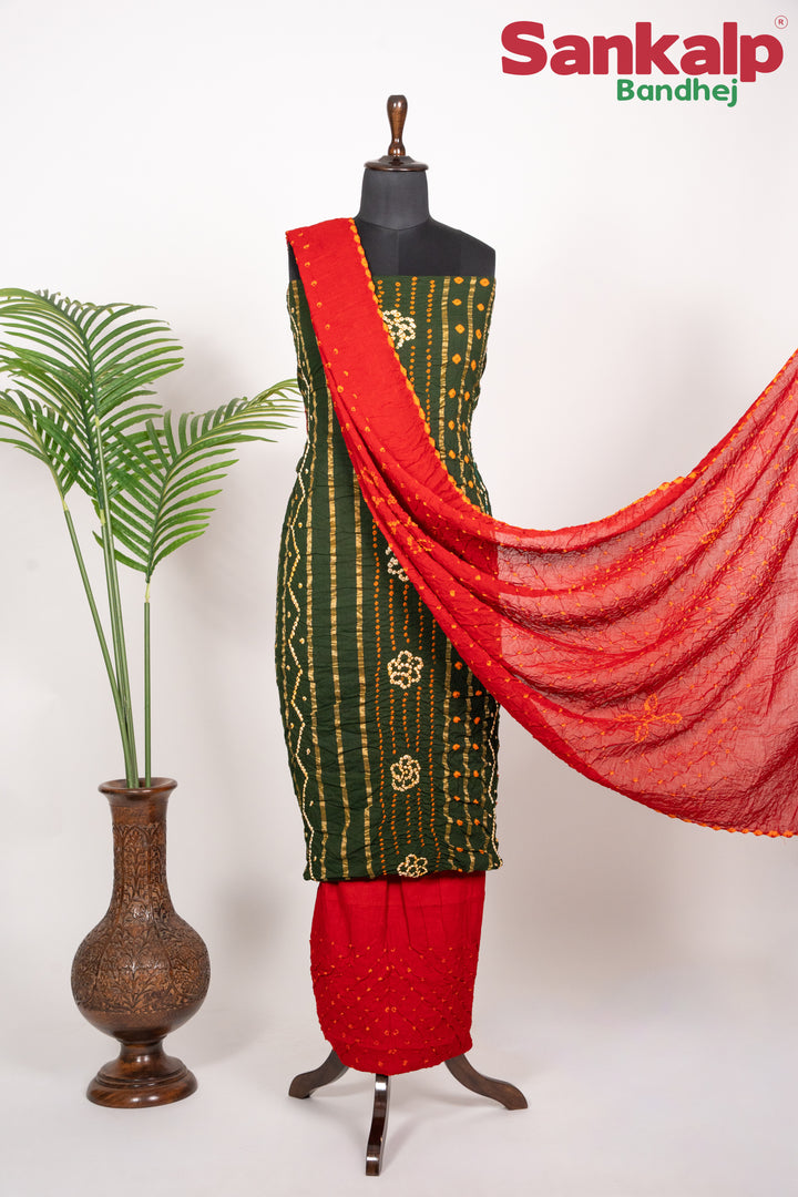 Mehendi Green Cotton Satin Bandhani Suit Material With Red Bandhej Dupatta