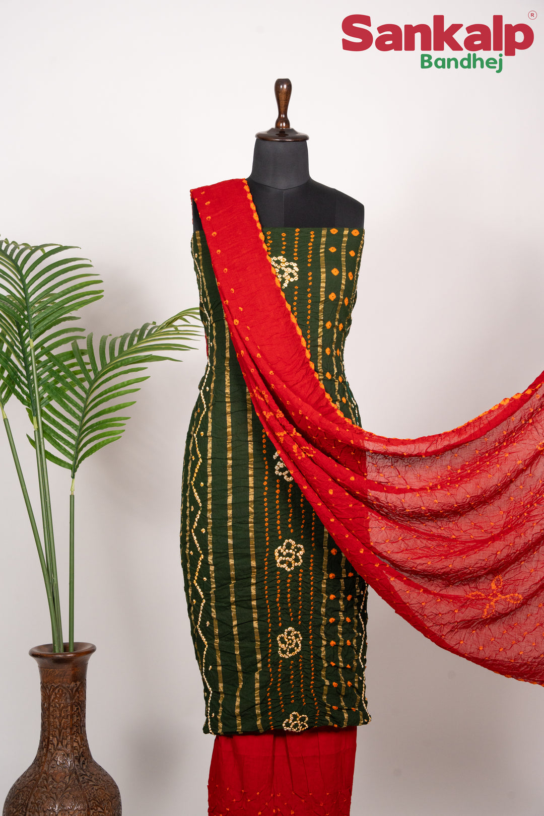 Mehendi Green Cotton Satin Bandhani Suit Material With Red Bandhej Dupatta
