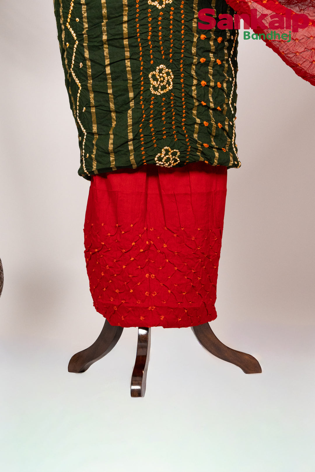 Mehendi Green Cotton Satin Bandhani Suit Material With Red Bandhej Dupatta