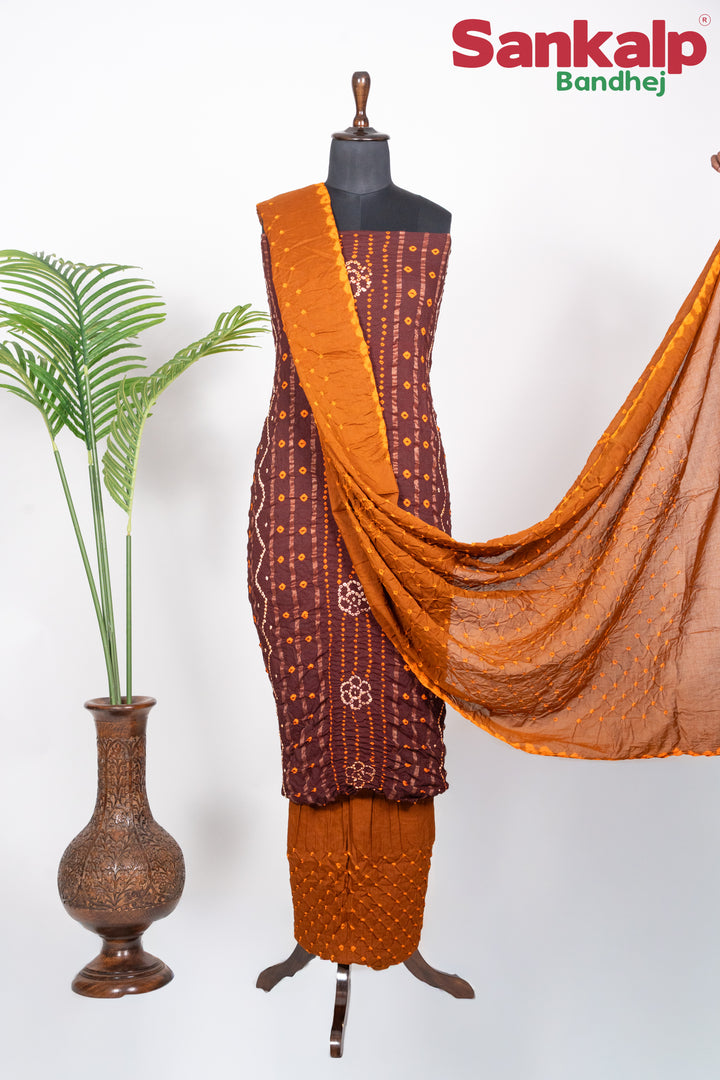 Brown Bandhani Cotton Satin Suit Material with Rust Orange Dupatta