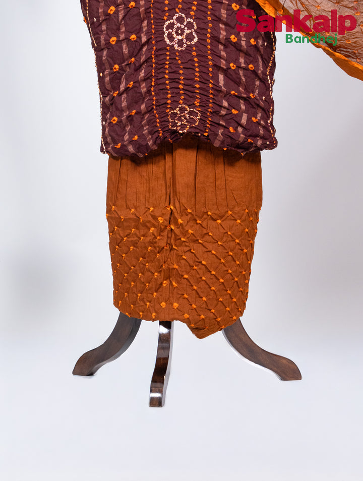 Brown Bandhani Cotton Satin Suit Material with Rust Orange Dupatta