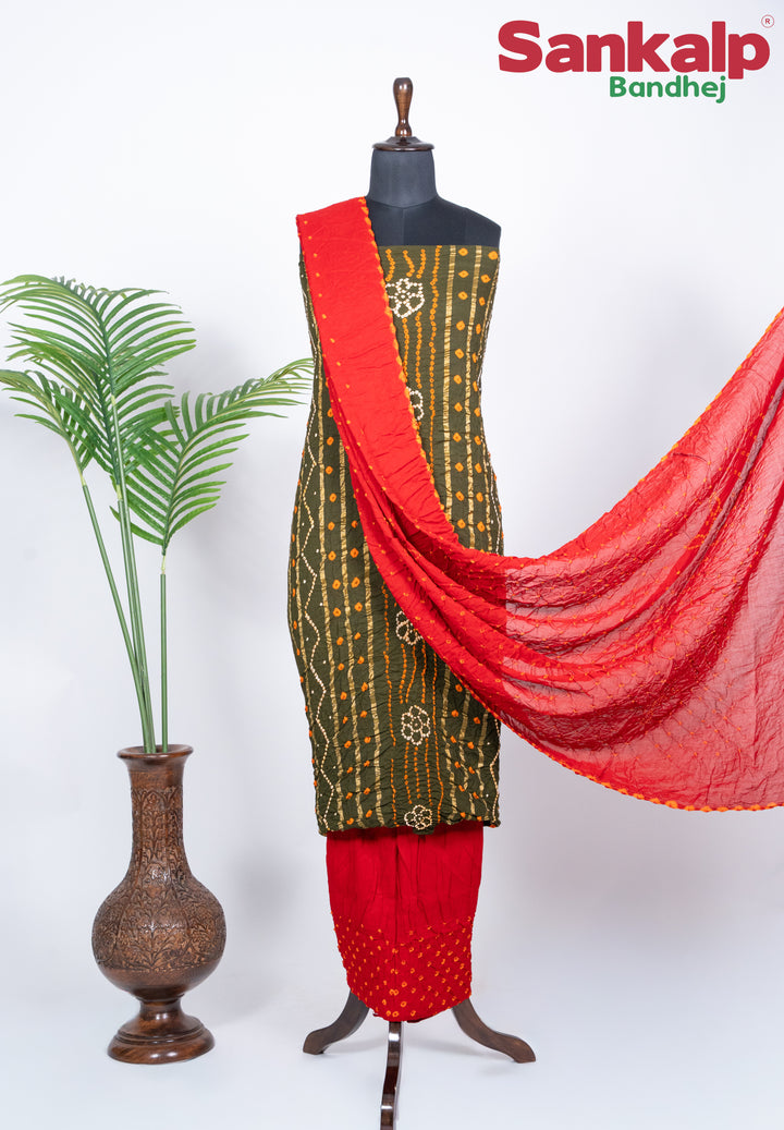 Olive Green Bandhani Cotton Satin Suit Material with Red Dupatta