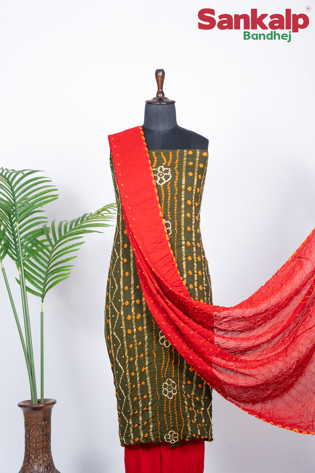 Olive Green Bandhani Cotton Satin Suit Material with Red Dupatta