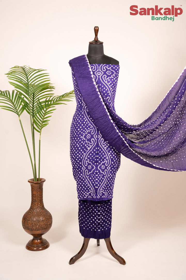 Purple Bandhani Cotton Satin Dress Material
