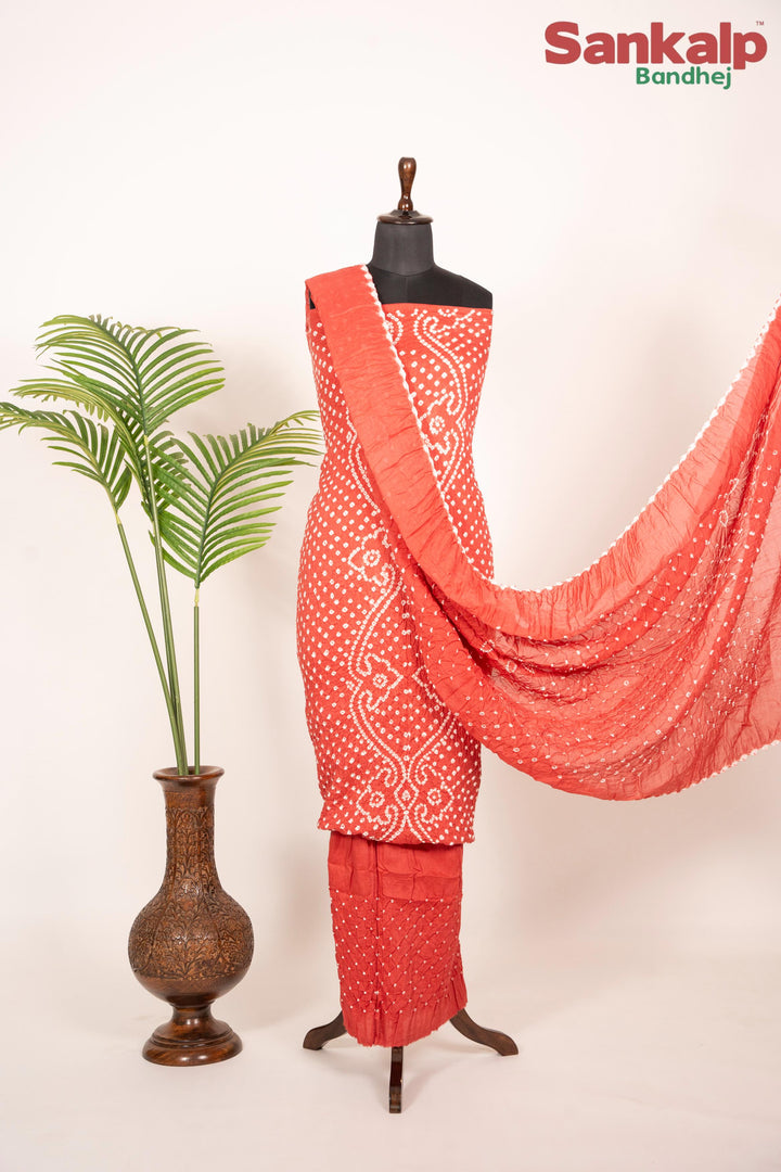 Coral Red Bandhani Cotton Satin Suit Material