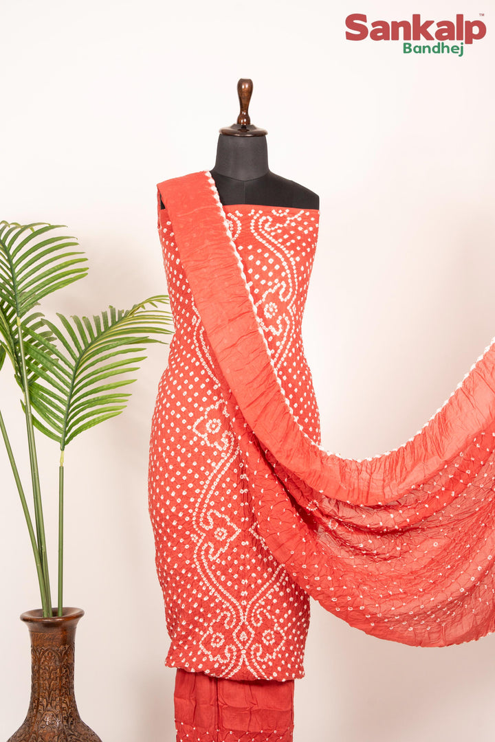 Coral Red Bandhani Cotton Satin Suit Material