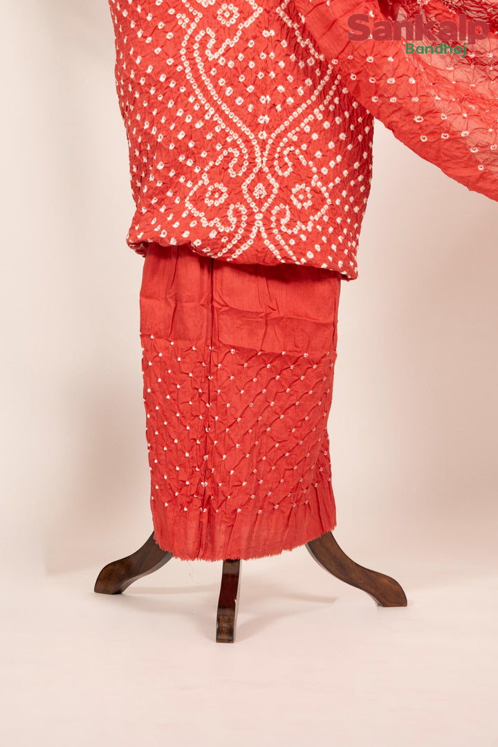 Coral Red Bandhani Cotton Satin Suit Material