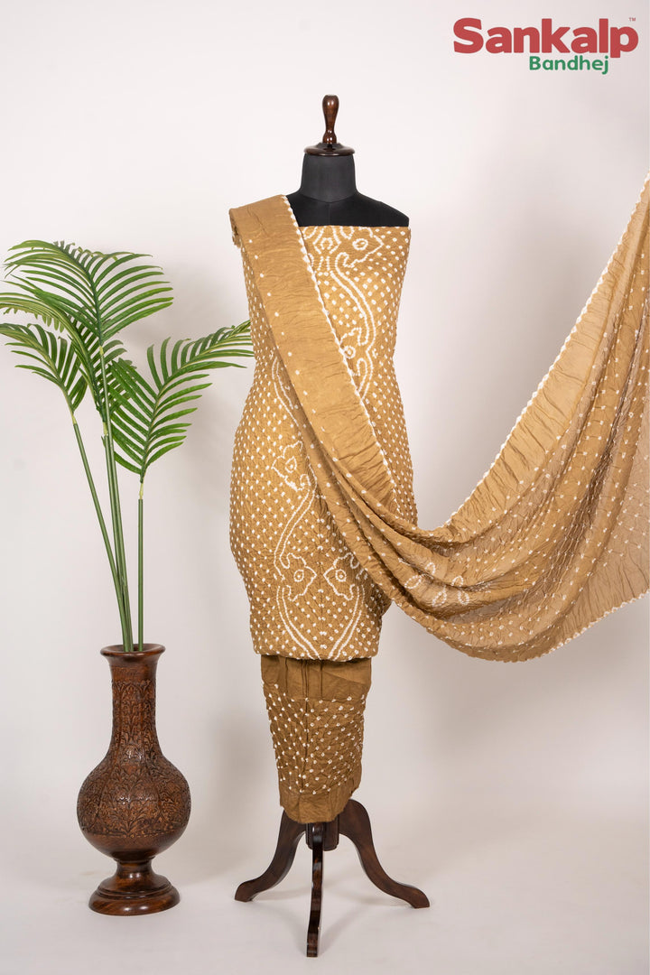 Mustard Brown Cotton Satin Bandhej Dress Material