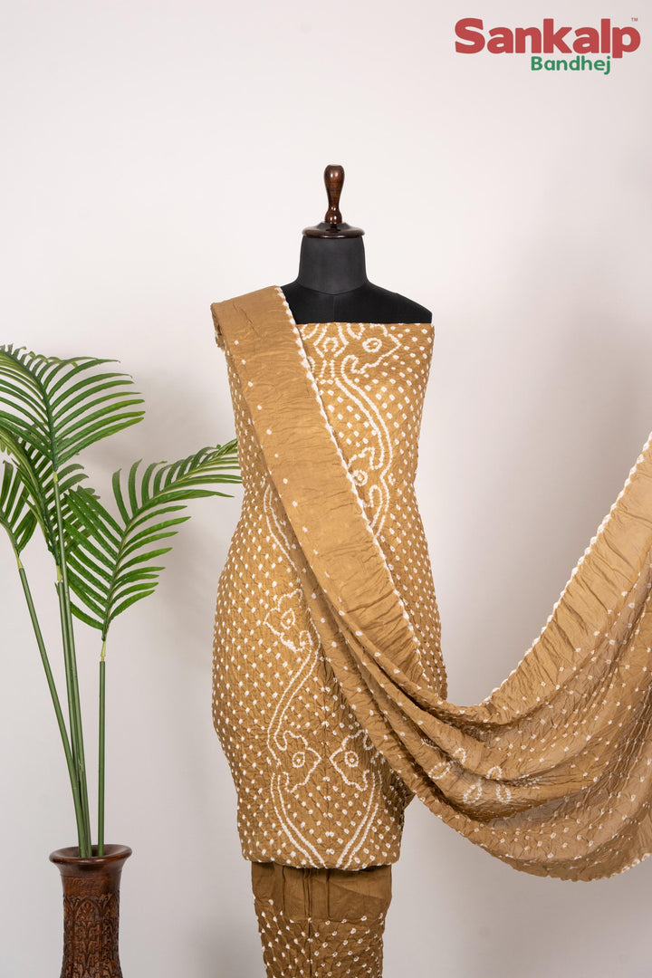 Mustard Brown Cotton Satin Bandhej Dress Material
