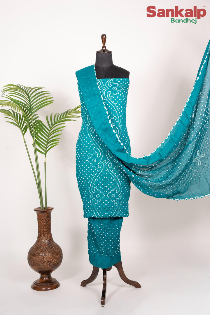 Sky Blue Bandhej Cotton Satin 3 Piece Suit Material