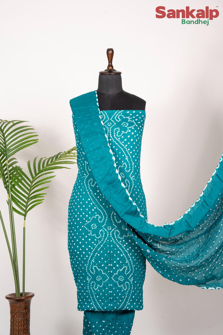 Sky Blue Bandhej Cotton Satin 3 Piece Suit Material