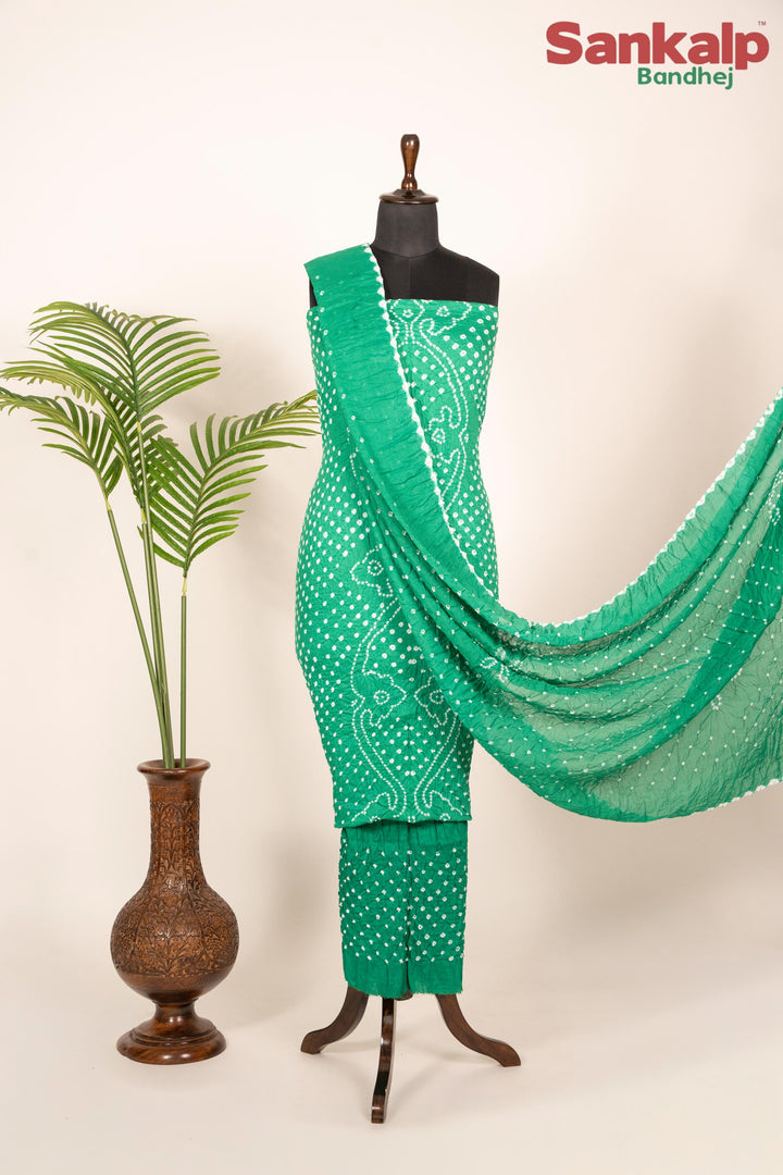 Green Bandhani Cotton Satin Dress Material
