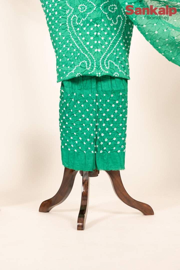 Green Bandhani Cotton Satin Dress Material