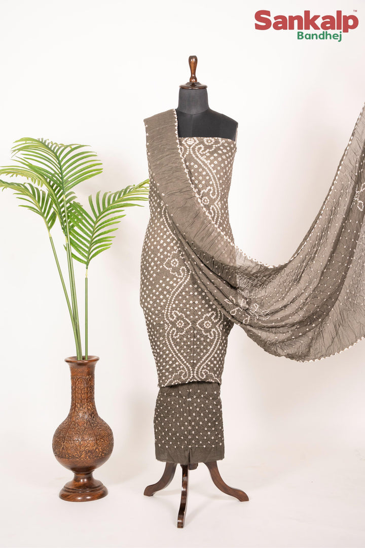 Grey Cotton Satin Bandhej Dress Material