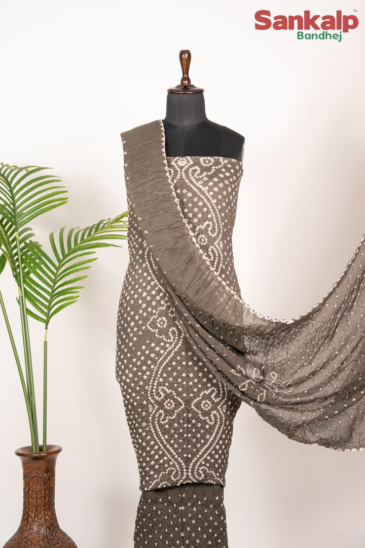 Grey Cotton Satin Bandhej Dress Material