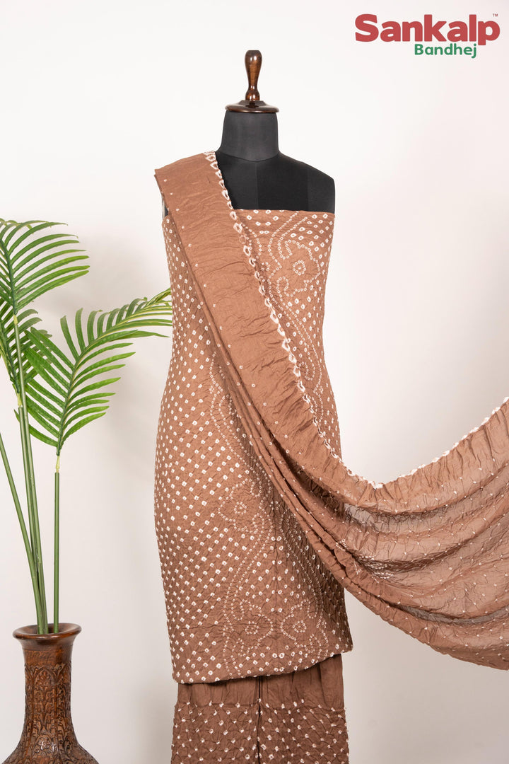 Brown Bandhej 3 piece Dress material