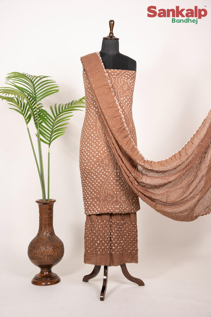Brown Bandhej 3 piece Dress material