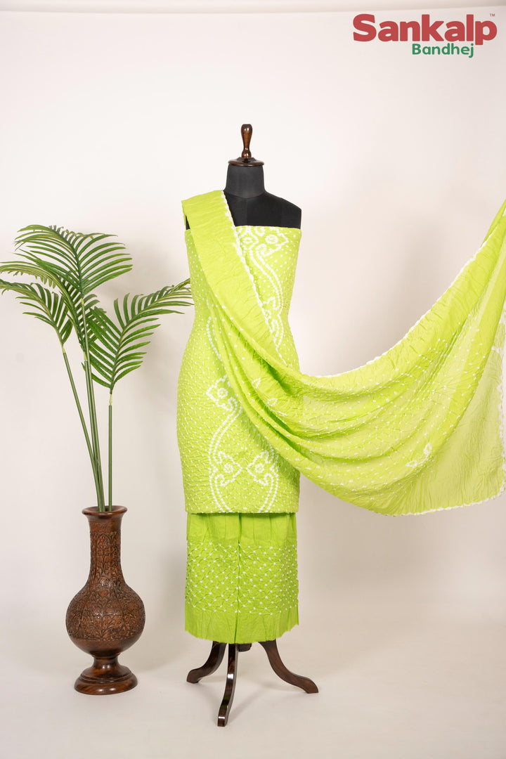 Neon Green Bandhani Cotton Satin 3-Piece Suit Material