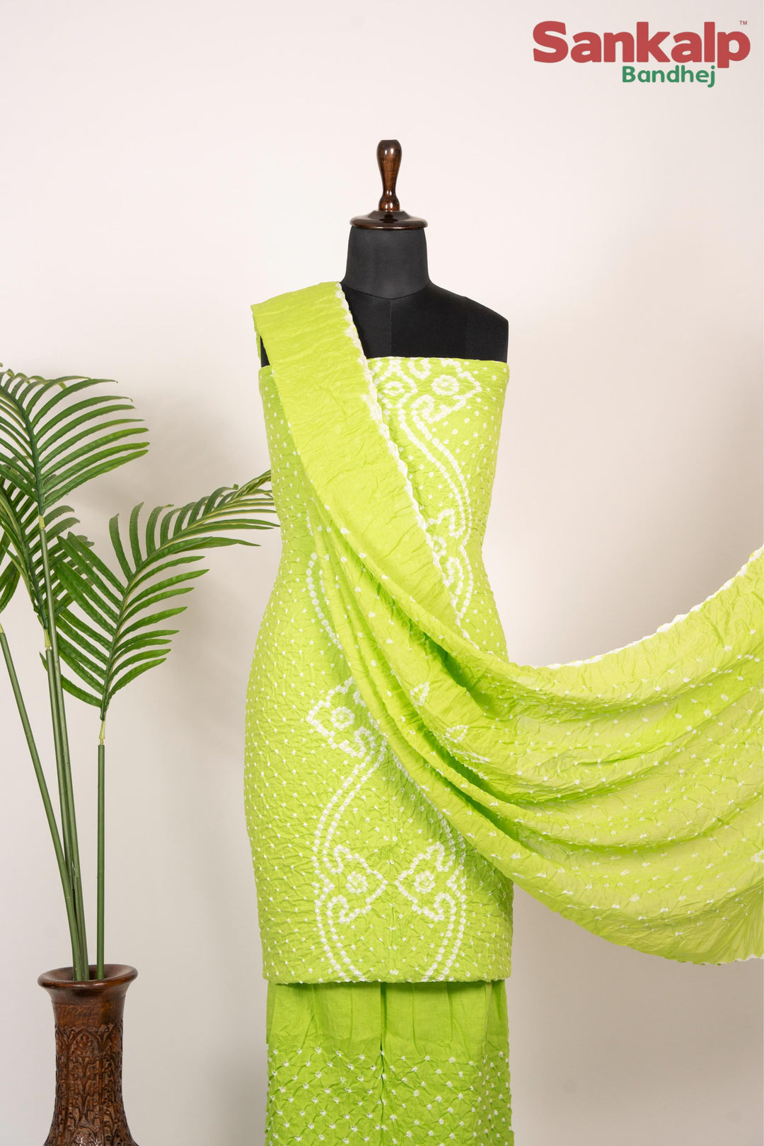 Neon Green Bandhani Cotton Satin 3-Piece Suit Material