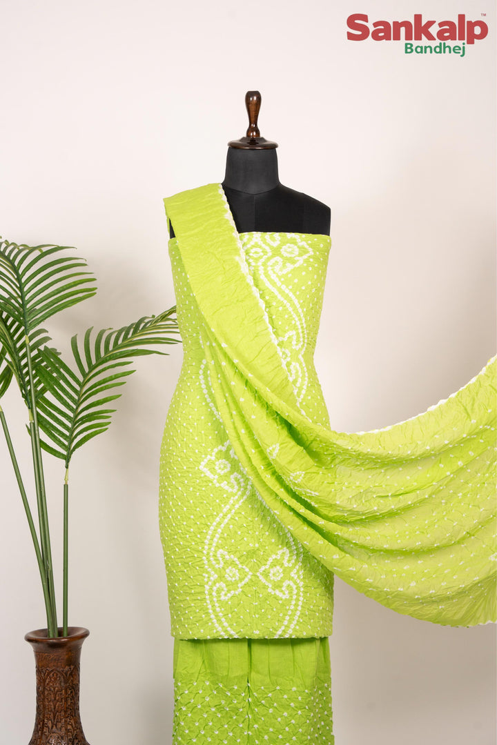 Neon Green Bandhani Cotton Satin 3-Piece Suit Material