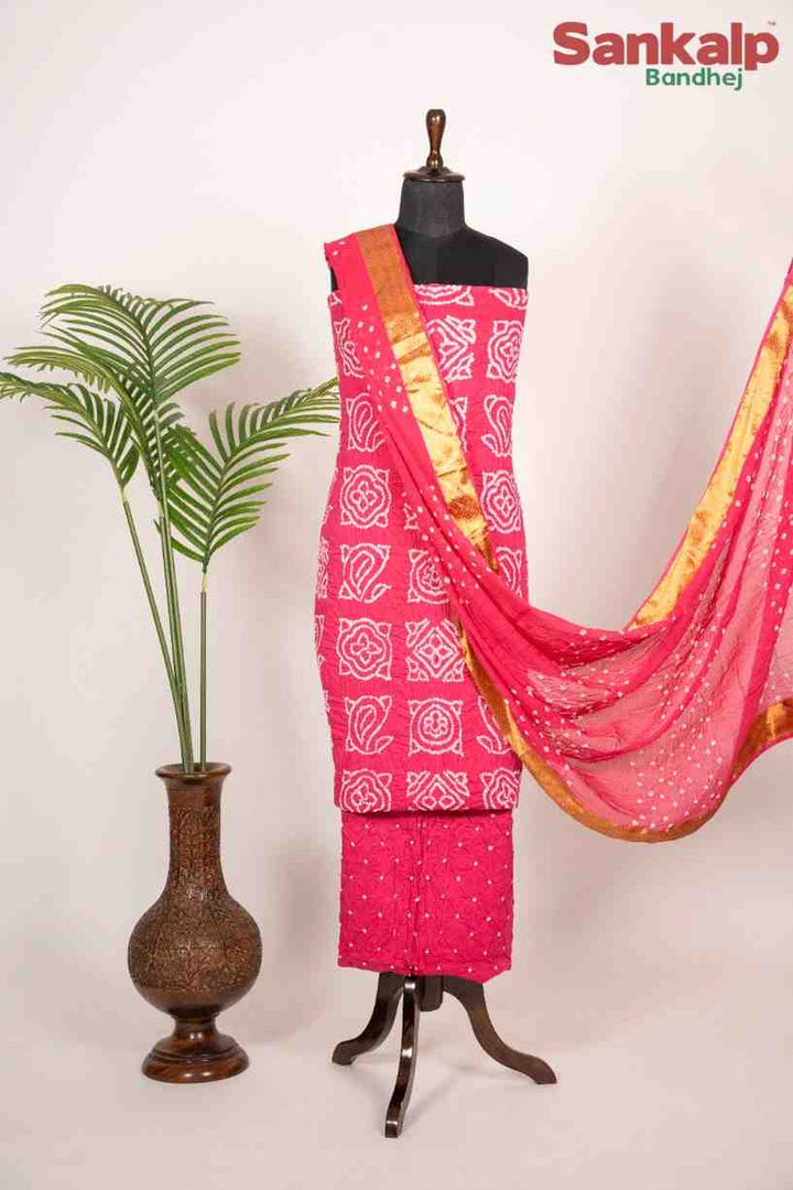 Rani Pink Bandhani Cotton Satin Suit Material
