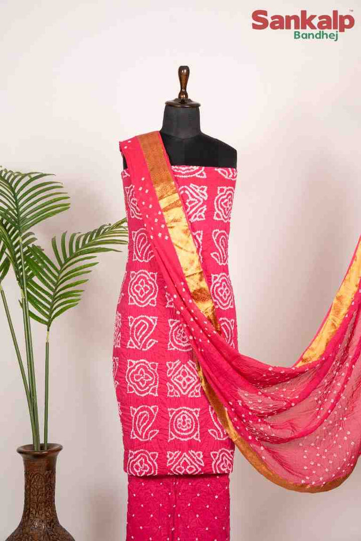 Rani Pink Bandhani Cotton Satin Suit Material