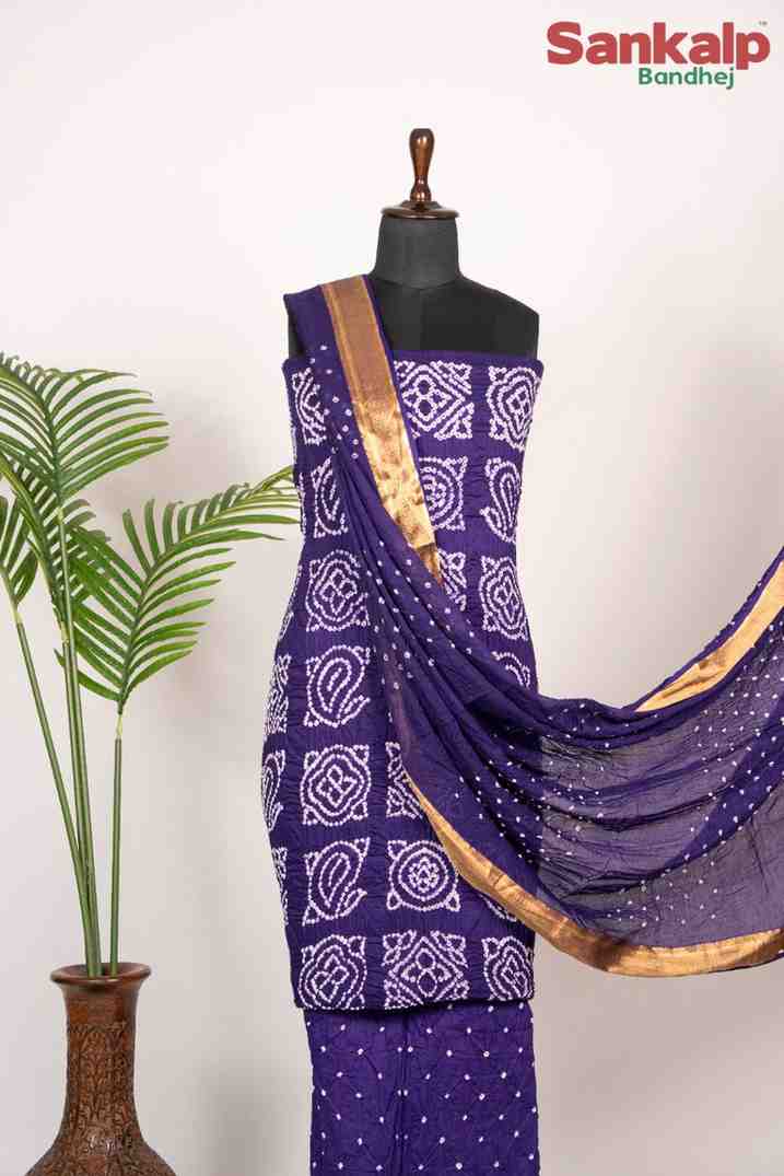 Purple Bandhani Cotton Satin 3 Piece Suit Material