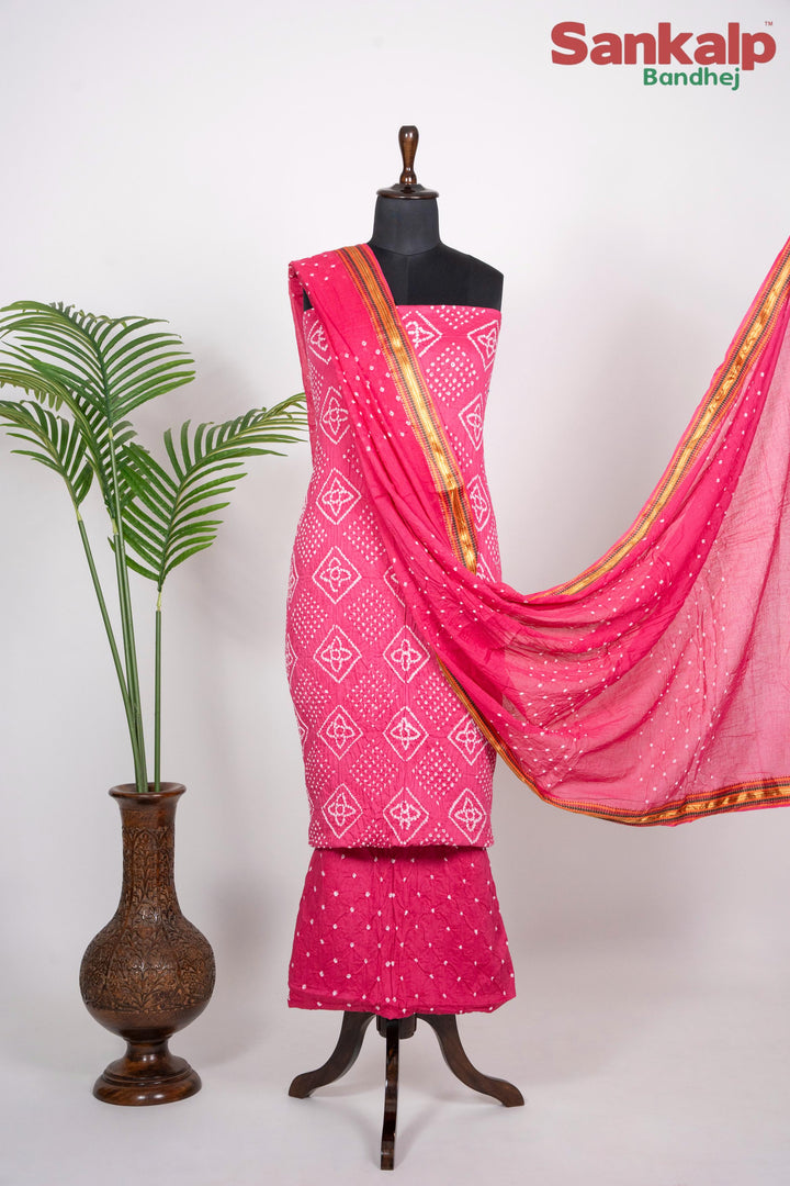 Pink Bandhej Cotton Satin Suit Material