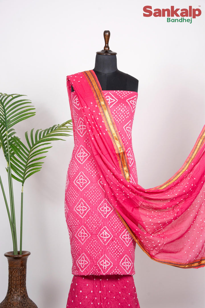 Pink Bandhej Cotton Satin Suit Material