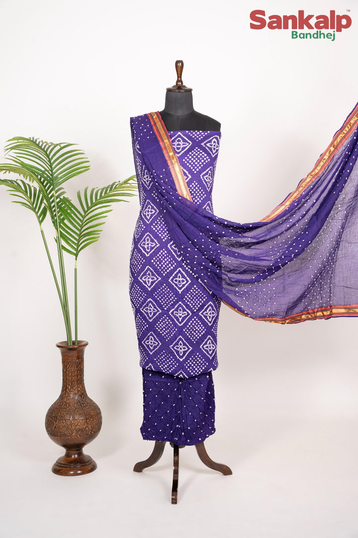 Purple Bandhej Cotton Satin Suit Material