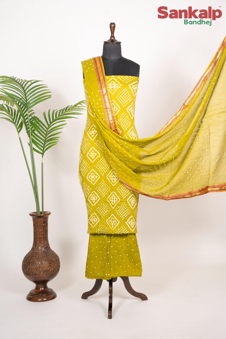 Mustard Green Bandhej 3-Piece Dress Material