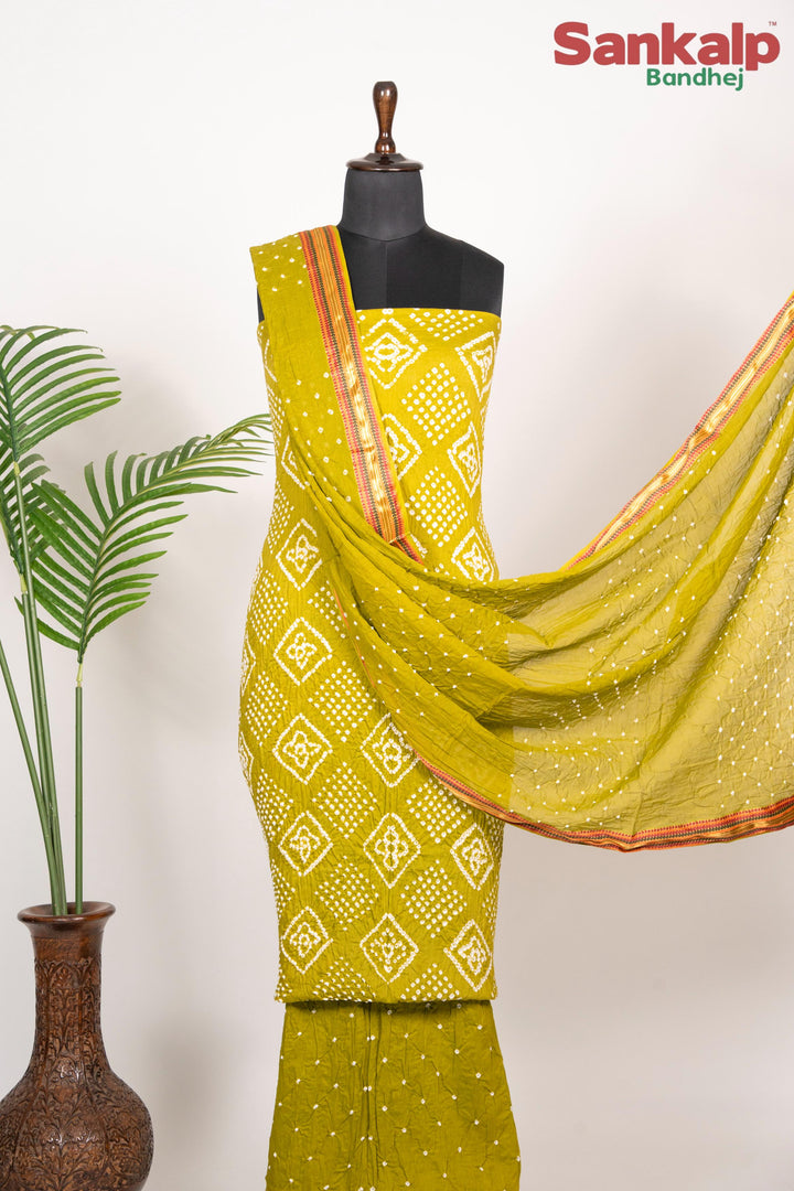 Mustard Green Bandhej 3-Piece Dress Material