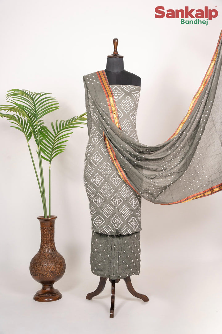 Grey Cotton Satin Bandhani Dress Material