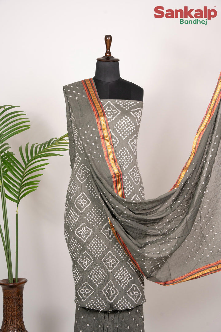 Grey Cotton Satin Bandhani Dress Material