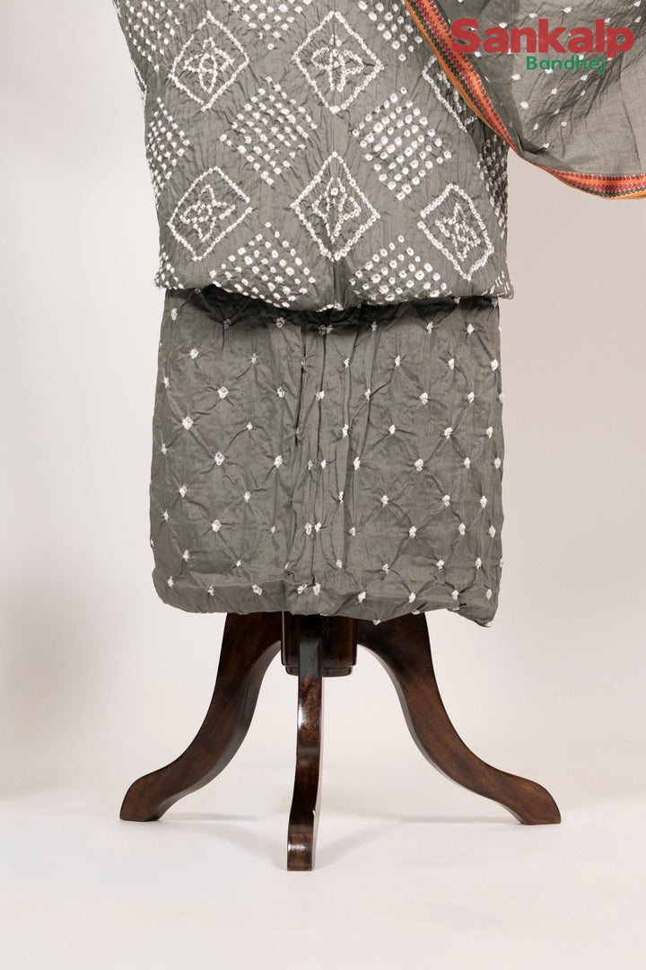 Grey Cotton Satin Bandhani Dress Material