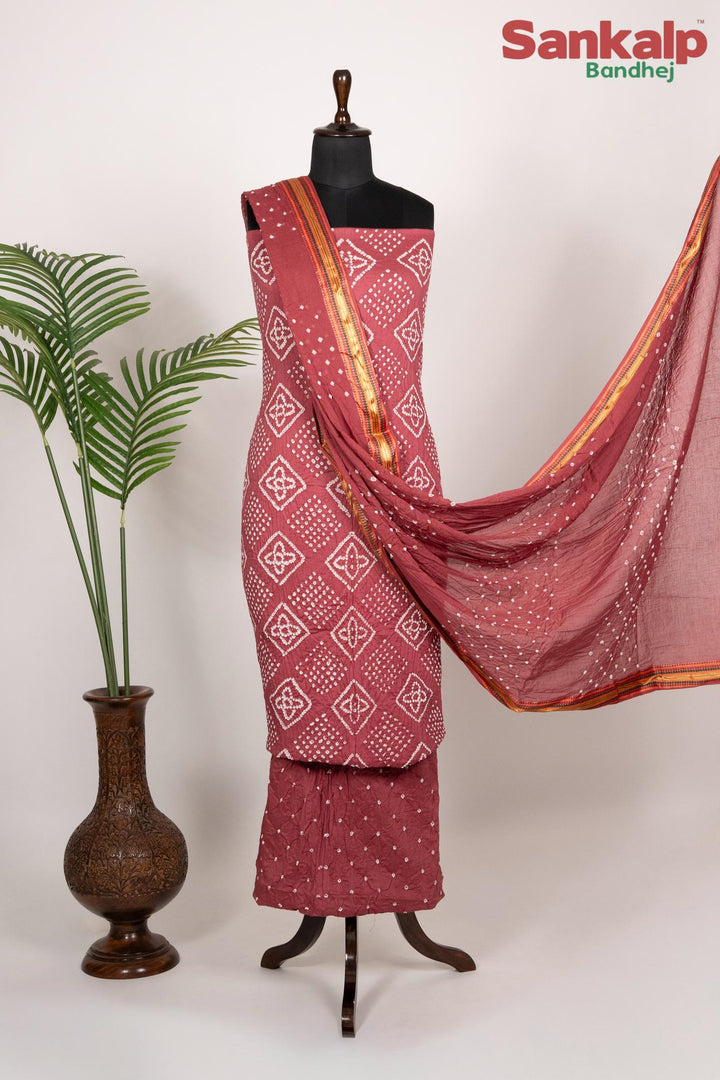 Rust Red Cotton Satin Bandhani Dress Material