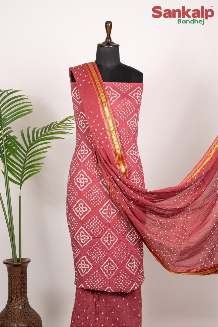 Rust Red Cotton Satin Bandhani Dress Material