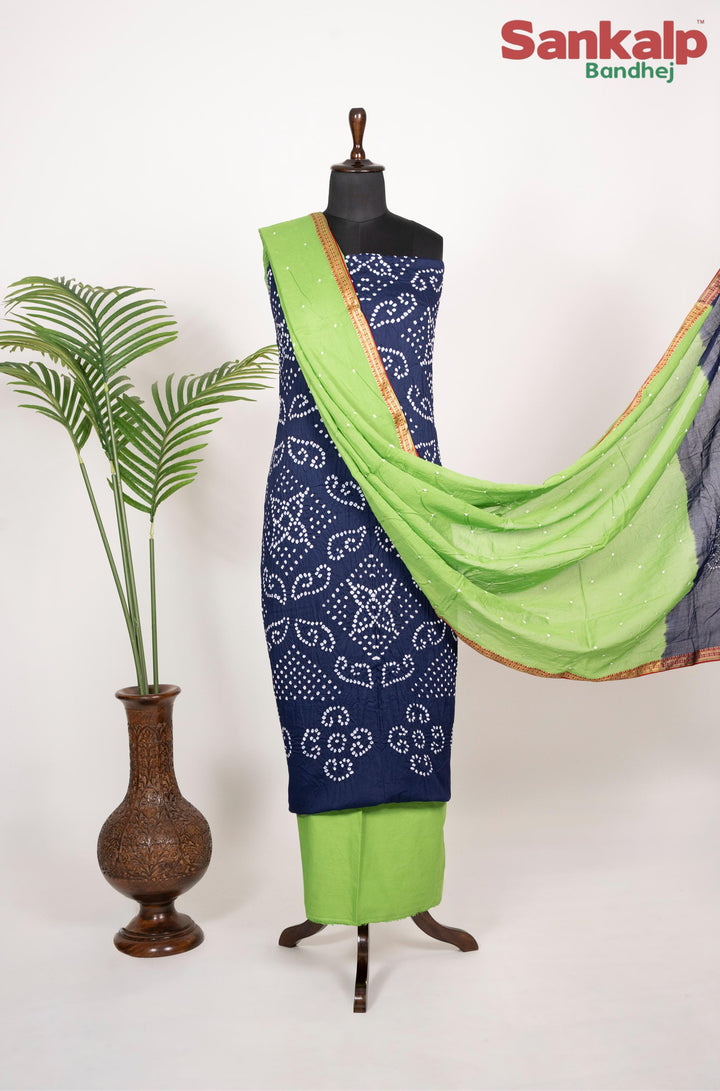 Royal Blue Cotton Satin Dress Material With Parrot Green Dupatta