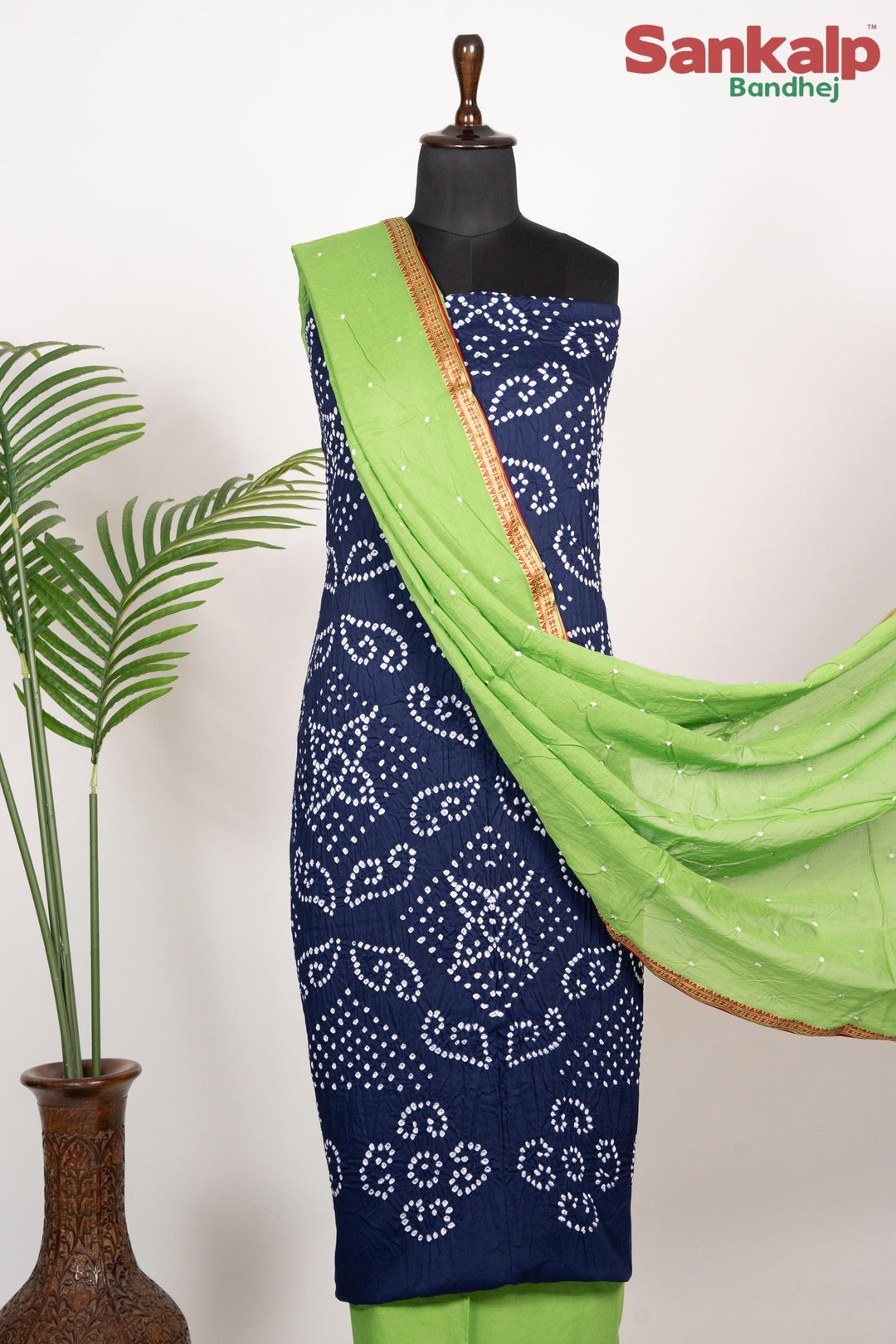 Royal Blue Cotton Satin Dress Material With Parrot Green Dupatta
