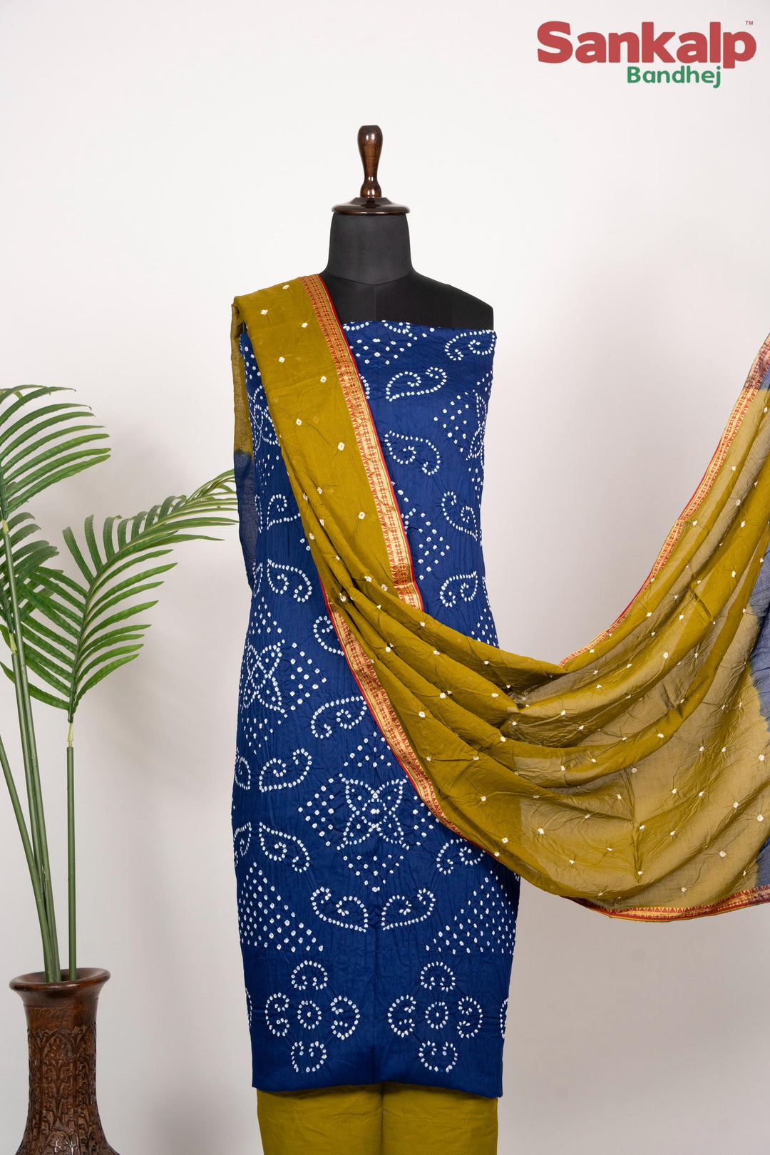 Blue Bandhej Cotton Satin Dress Material with Mustard Dupatta