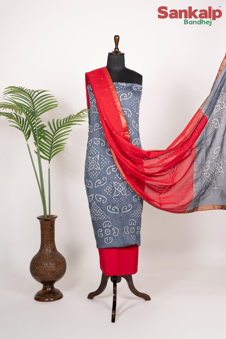 Grey Bandhej 3-Piece Dress Material in Cotton Satin