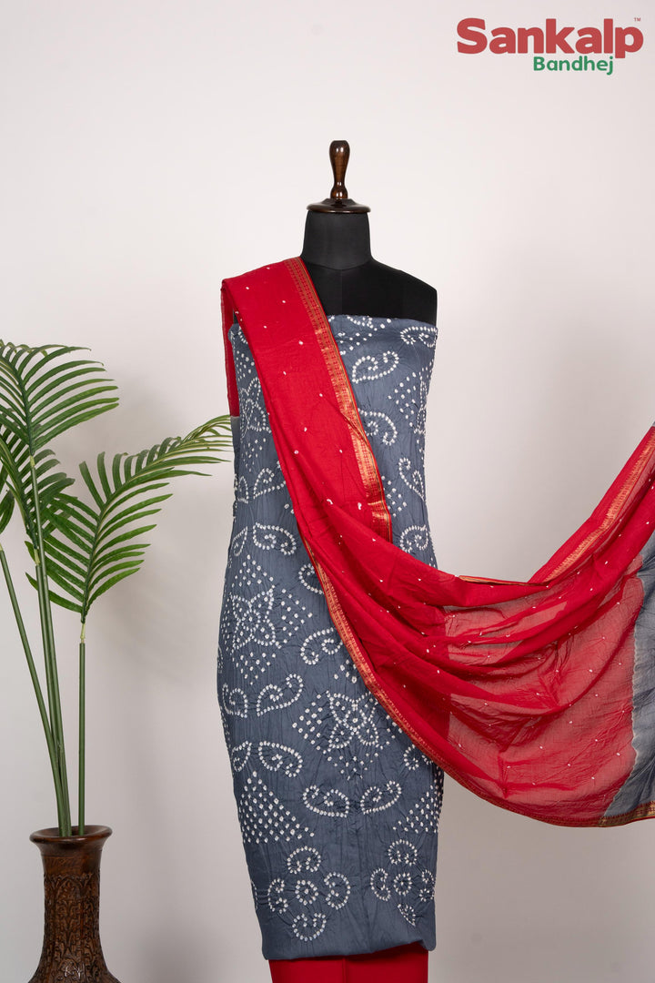 Grey Bandhej 3-Piece Dress Material in Cotton Satin