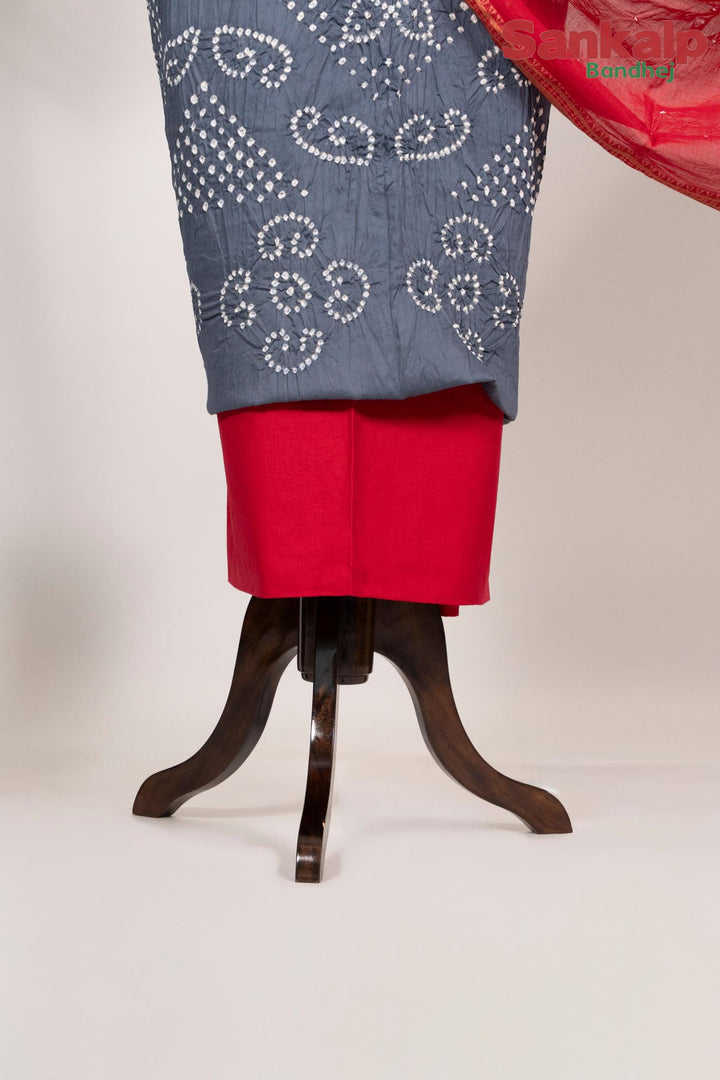 Grey Bandhej 3-Piece Dress Material in Cotton Satin