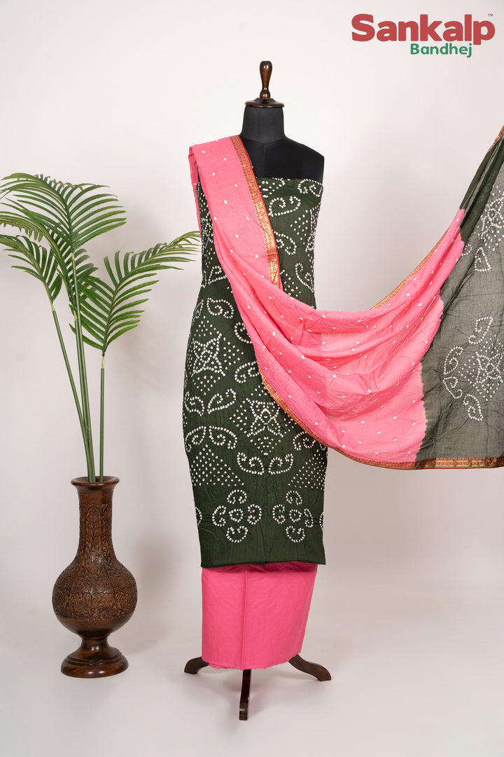 Olive Green Cotton Satin Bandhani Dress Material