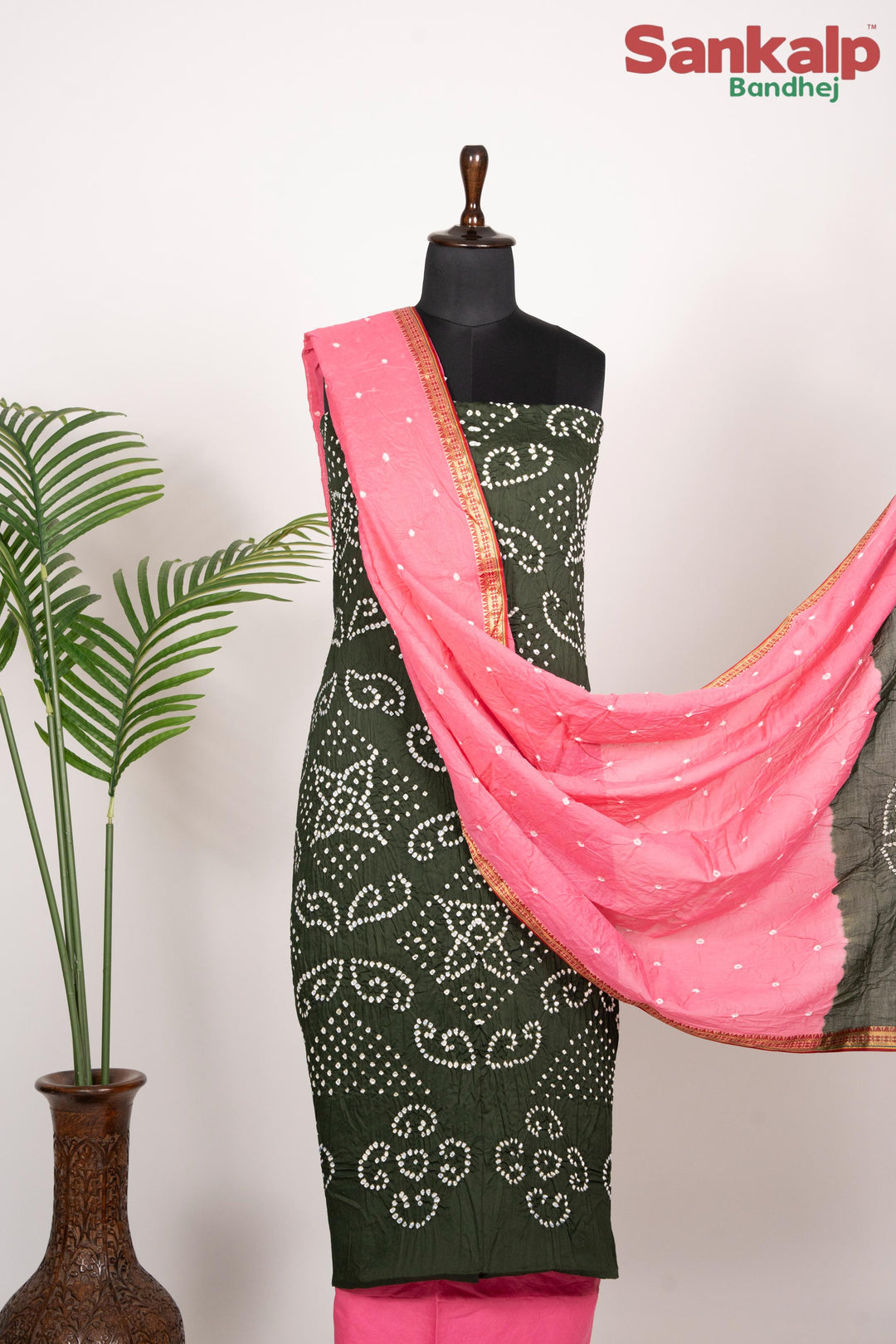 Olive Green Cotton Satin Bandhani Dress Material