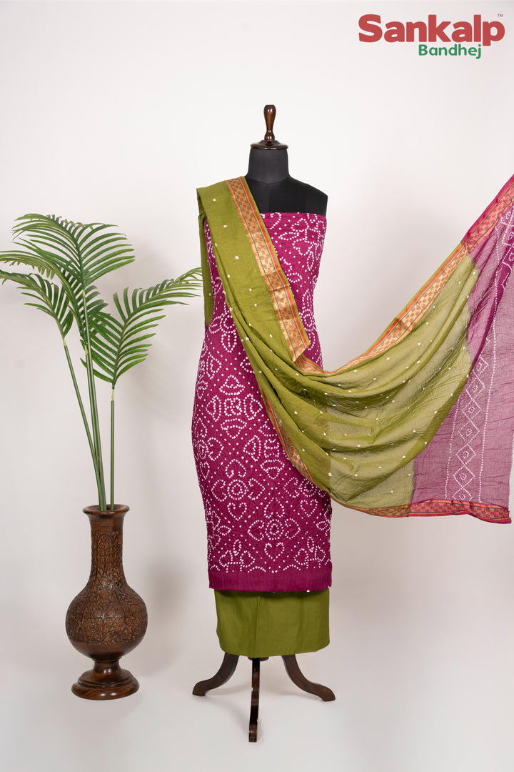 Magenta Bandhej 3 Piece Cotton Satin Dress Material